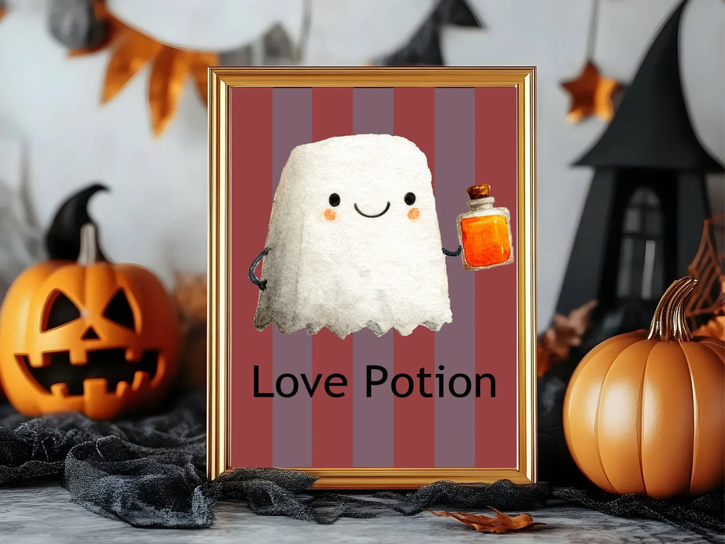 Love Potion Print | Cute Ghost | Halloween Wall Art | Red & Purple Stripes - Larosier Prints
