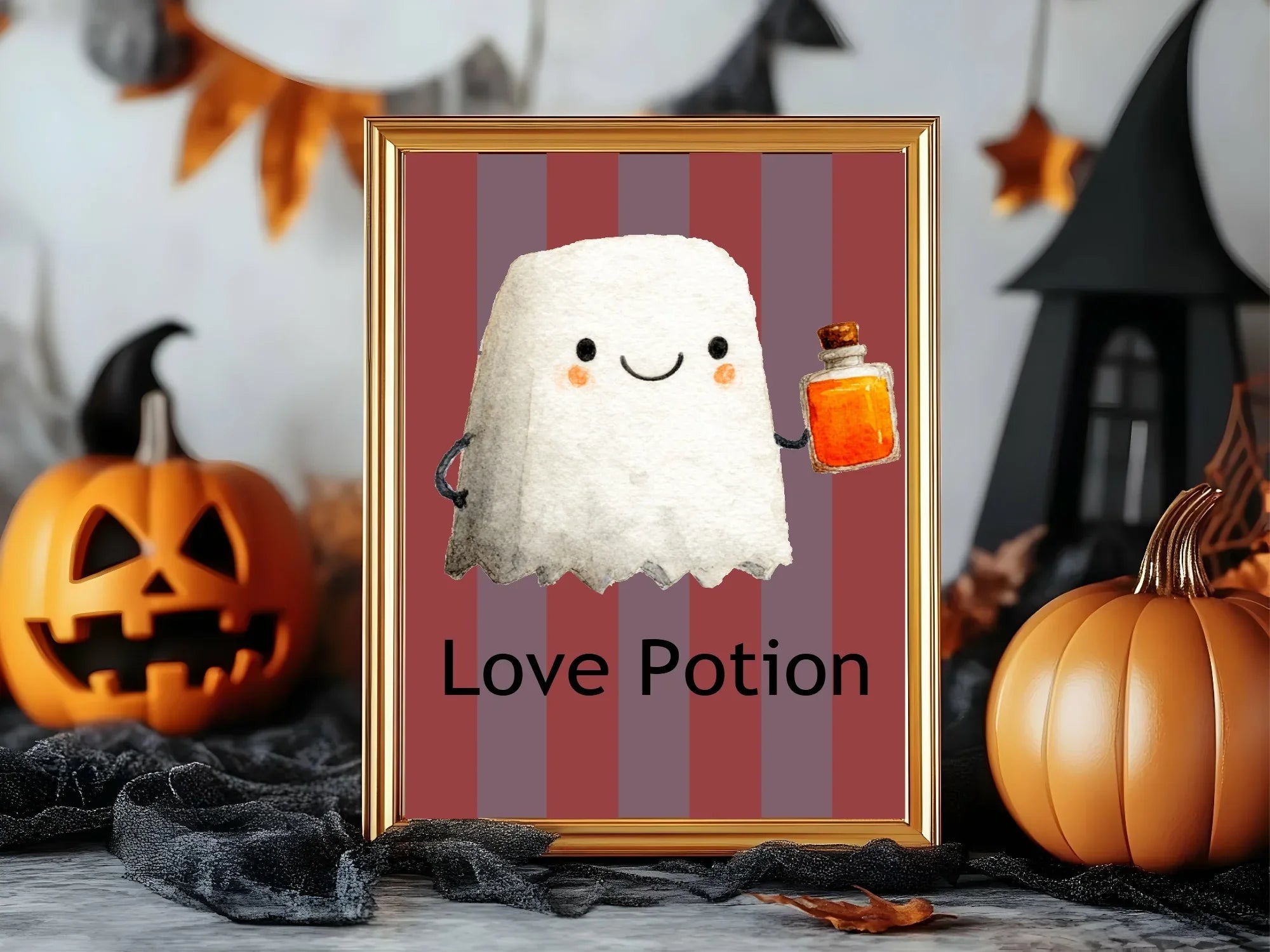 Love Potion Print | Cute Ghost | Halloween Wall Art | Red & Purple Stripes - Larosier Prints