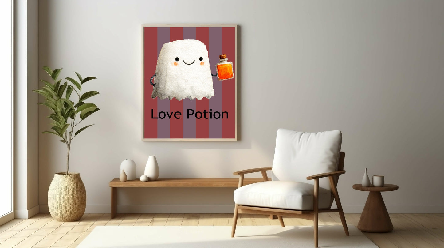 Love Potion Print | Cute Ghost | Halloween Wall Art | Red & Purple Stripes