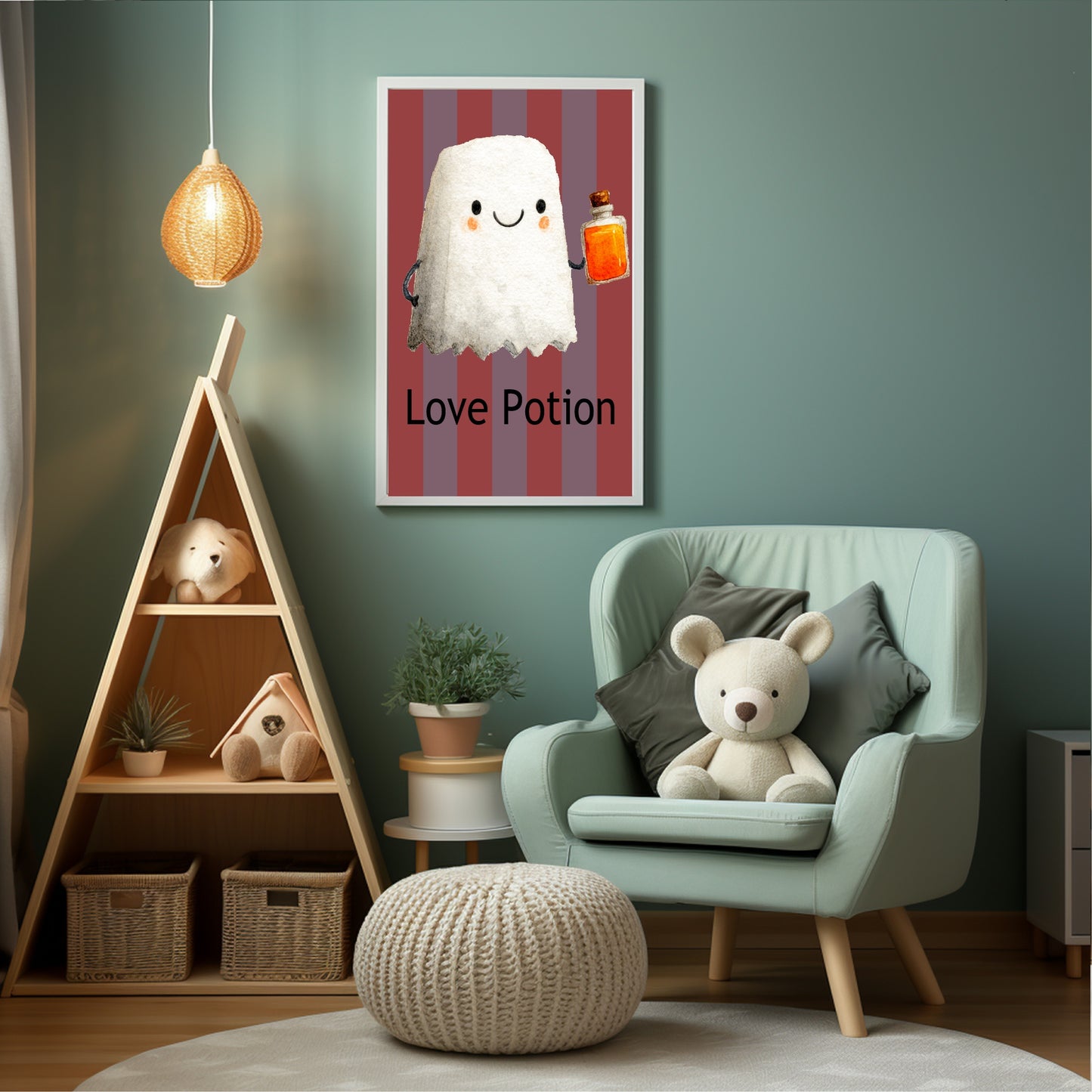 Love Potion Print | Cute Ghost | Halloween Wall Art | Red & Purple Stripes