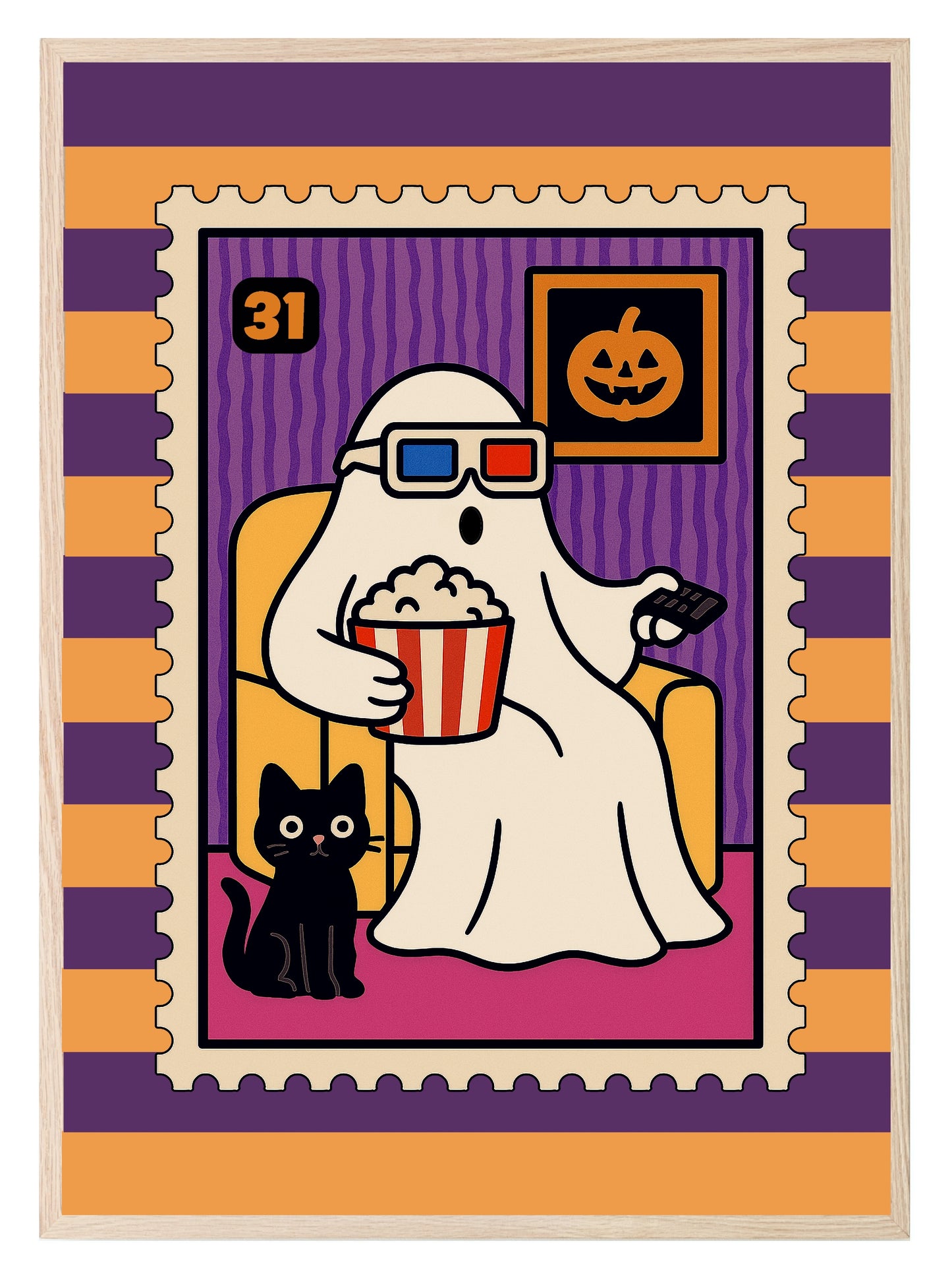 Ghost Movie Print | Cute Halloween Wall Art | Purple & Orange Stripes