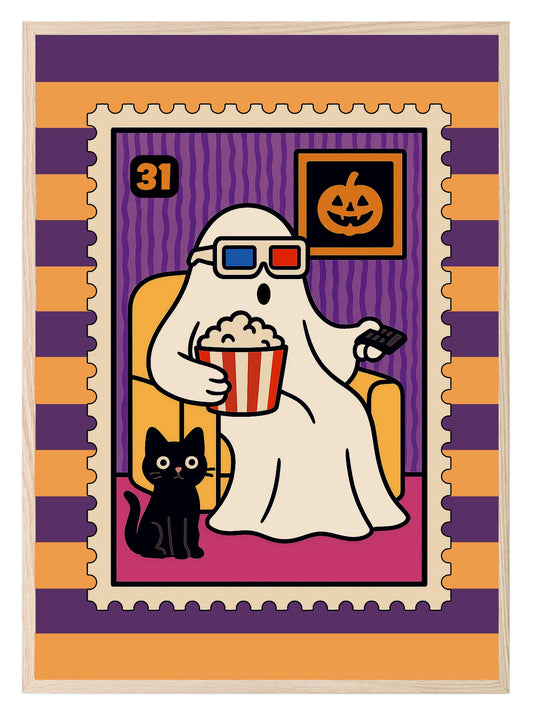 Ghost Movie Print | Cute Halloween Wall Art | Purple & Orange Stripes