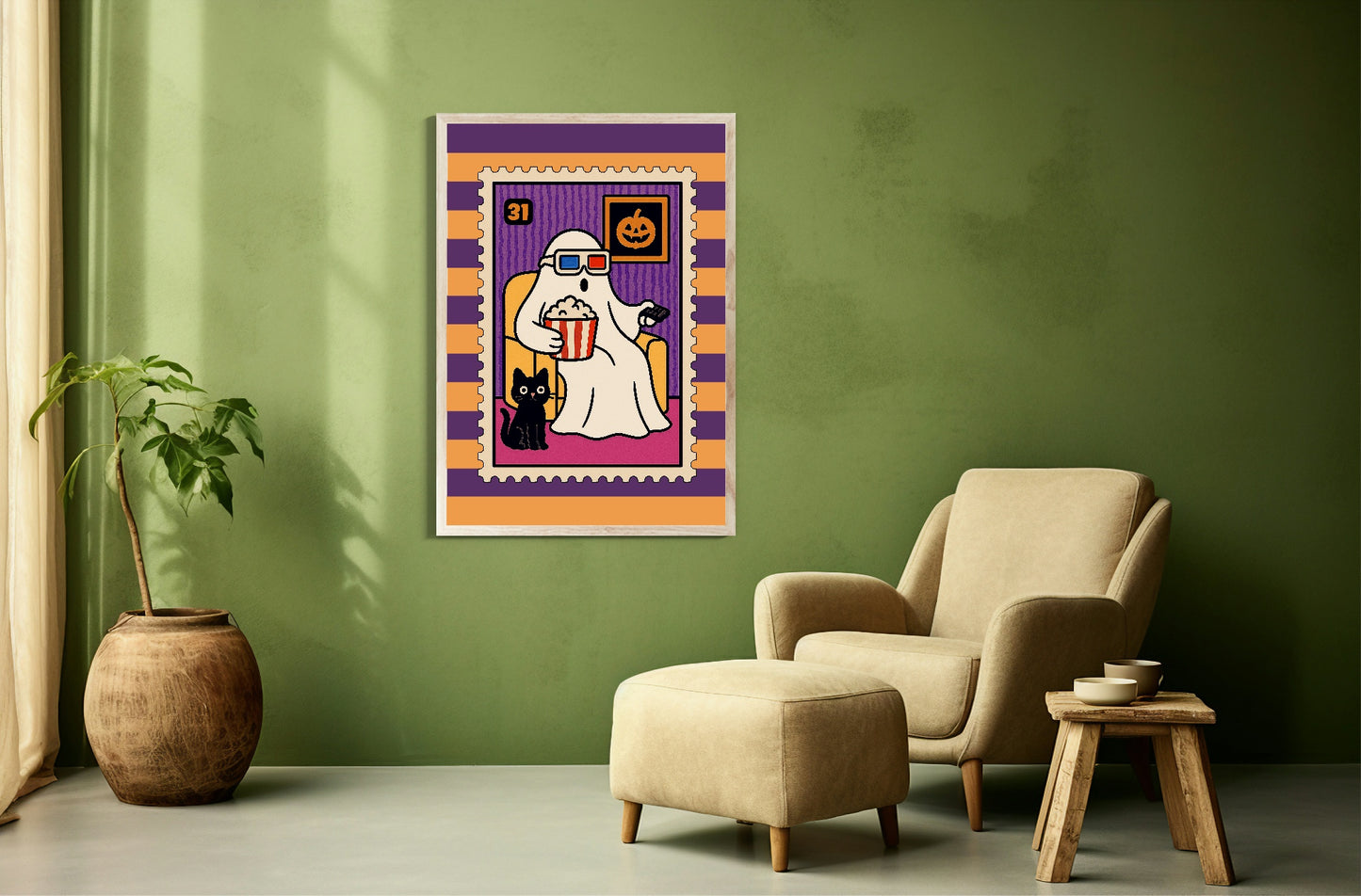 Ghost Movie Print | Cute Halloween Wall Art | Purple & Orange Stripes