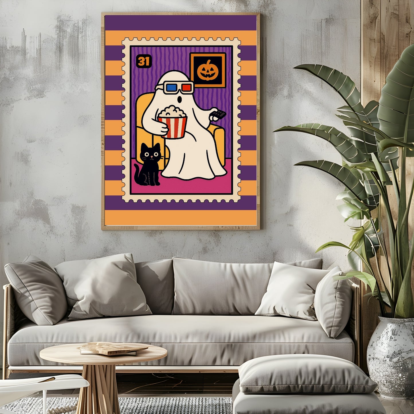 Ghost Movie Print | Cute Halloween Wall Art | Purple & Orange Stripes