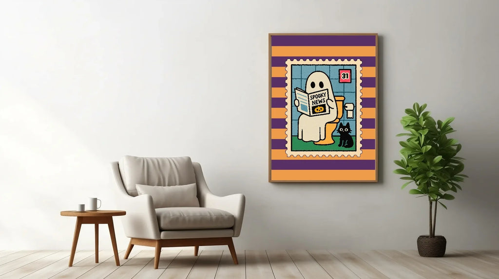 Ghost Toilet Print | Funny Halloween Wall Art | Purple & Orange Stripes - Larosier Prints