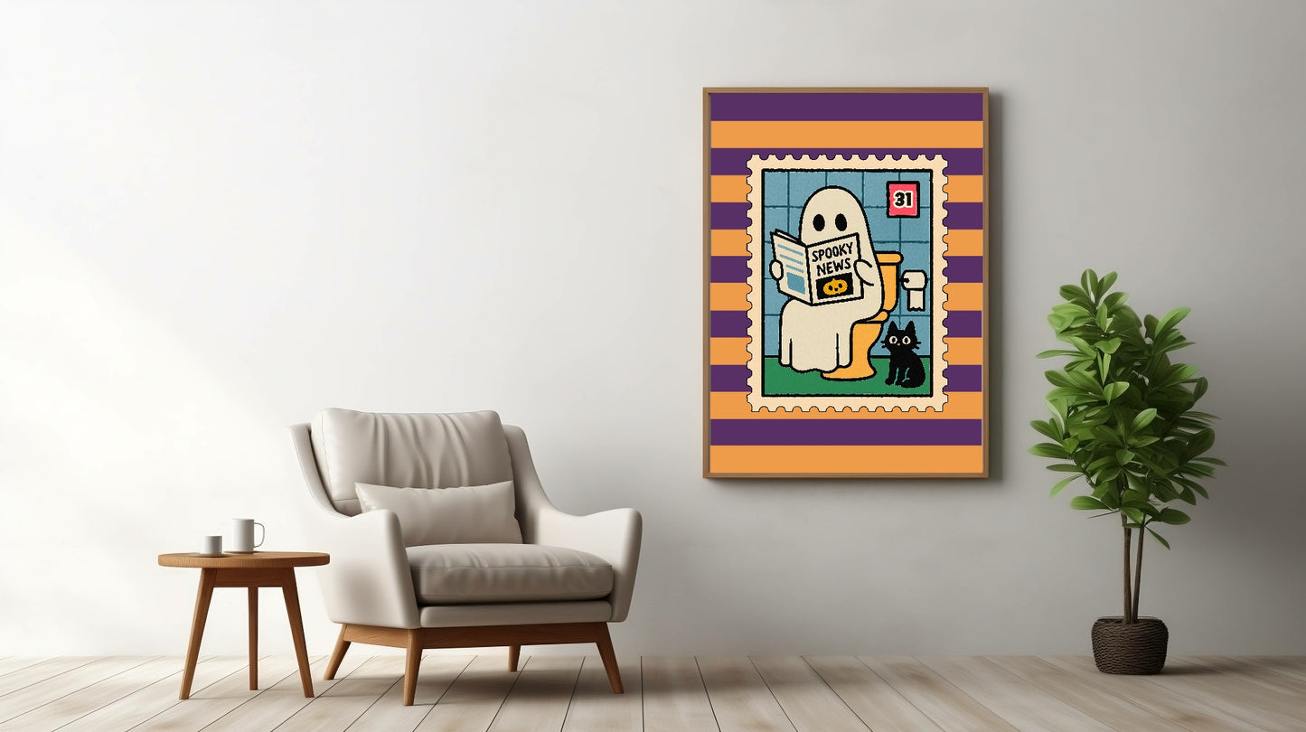 Ghost Toilet Print | Funny Halloween Wall Art | Purple & Orange Stripes