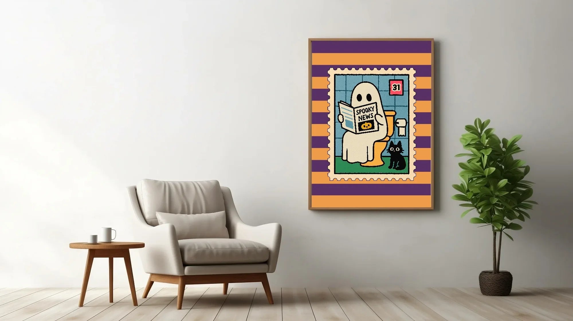 Ghost Toilet Print | Funny Halloween Wall Art | Purple & Orange Stripes - Larosier Prints