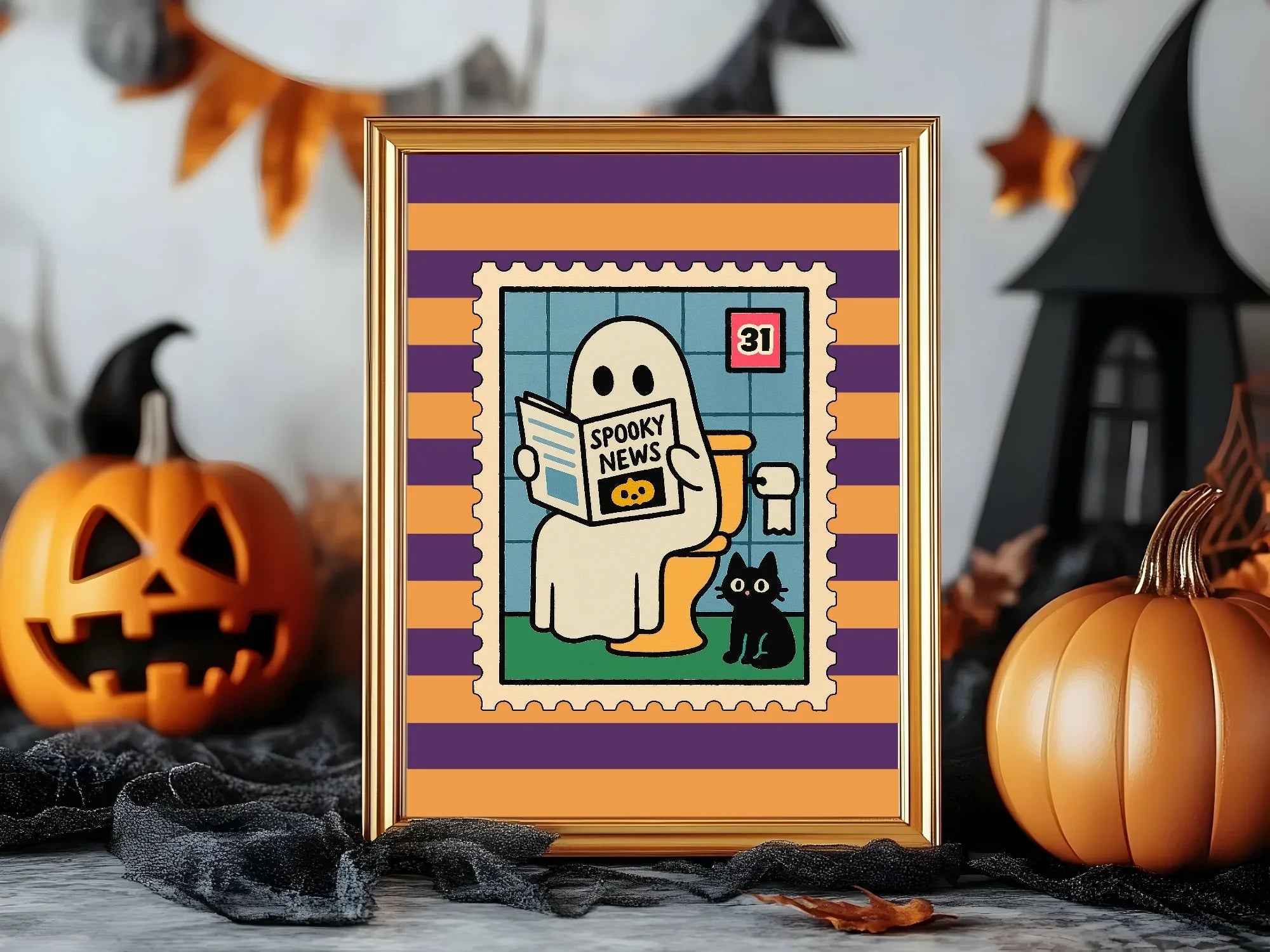 Ghost Toilet Print | Funny Halloween Wall Art | Purple & Orange Stripes - Larosier Prints