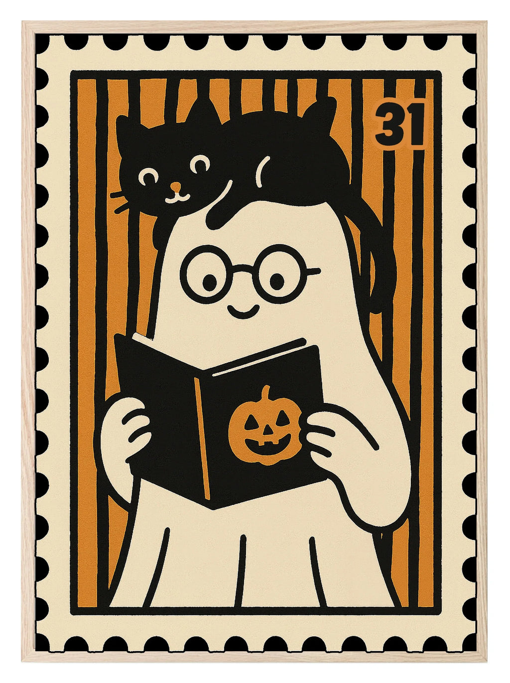 Ghost Reading Print | Cute Halloween Wall Art | Black & Orange Stripes - Larosier Prints