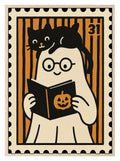 Ghost Reading Print | Cute Halloween Wall Art | Black & Orange Stripes - Larosier Prints
