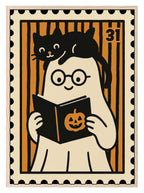 Ghost Reading Print | Cute Halloween Wall Art | Black & Orange Stripes - Larosier Prints