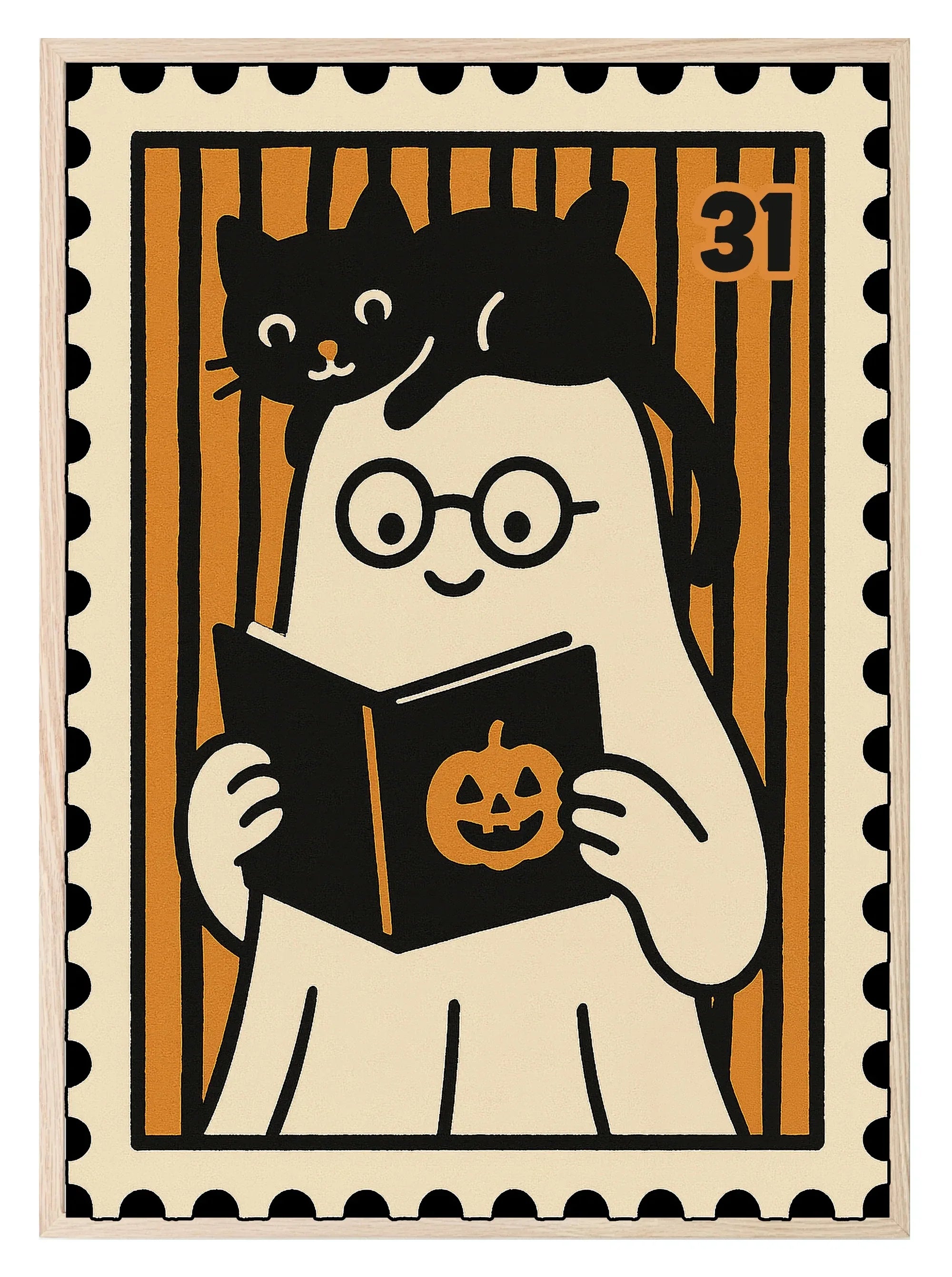 Ghost Reading Print | Cute Halloween Wall Art | Black & Orange Stripes - Larosier Prints