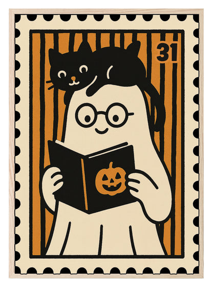 Ghost Reading Print | Cute Halloween Wall Art | Black & Orange Stripes