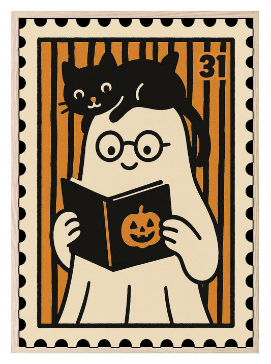 Ghost Reading Print | Cute Halloween Wall Art | Black & Orange Stripes