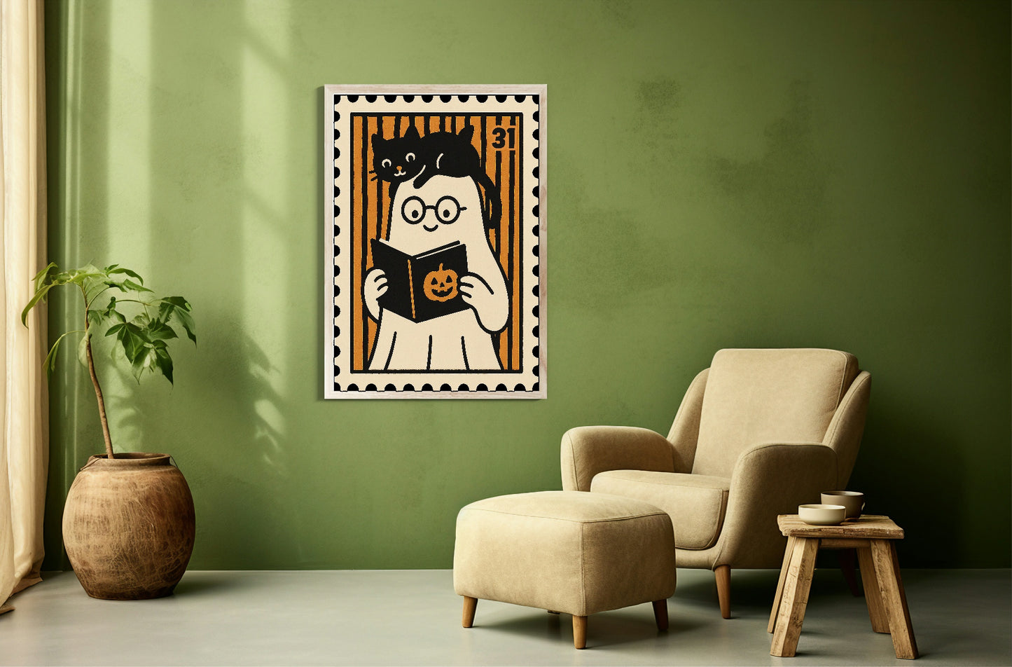 Ghost Reading Print | Cute Halloween Wall Art | Black & Orange Stripes