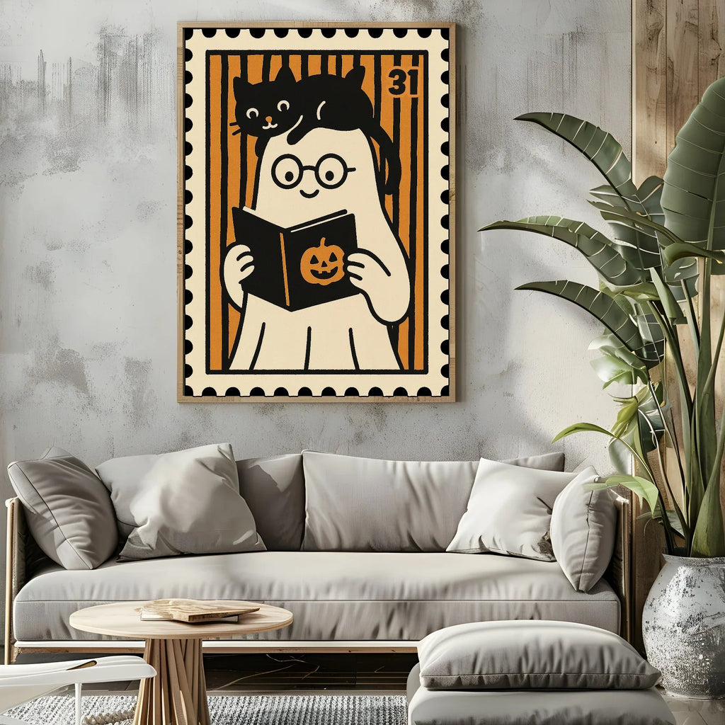 Ghost Reading Print | Cute Halloween Wall Art | Black & Orange Stripes - Larosier Prints