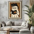 Ghost Reading Print | Cute Halloween Wall Art | Black & Orange Stripes - Larosier Prints