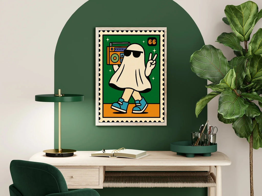 Ghost Music Print | Cool Halloween Wall Art | Orange & Green - Larosier Prints
