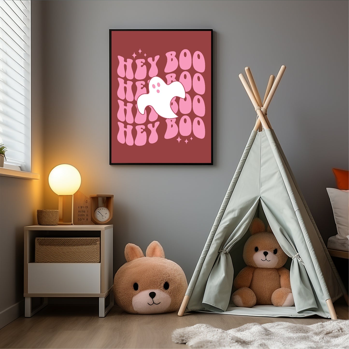 Hey Boo Print | Cute Halloween Wall Art | Pink