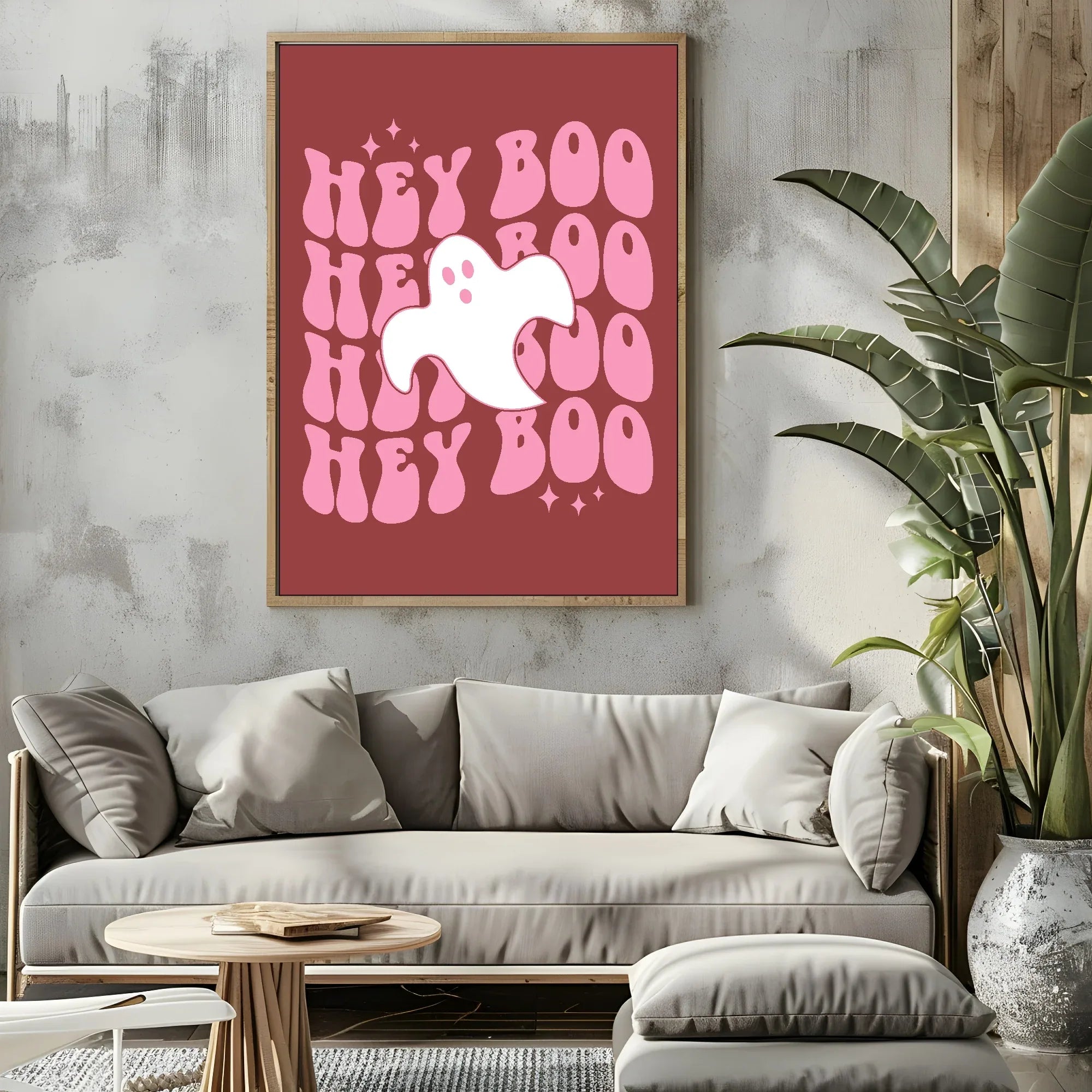 Hey Boo Print | Cute Halloween Wall Art | Pink - Larosier Prints