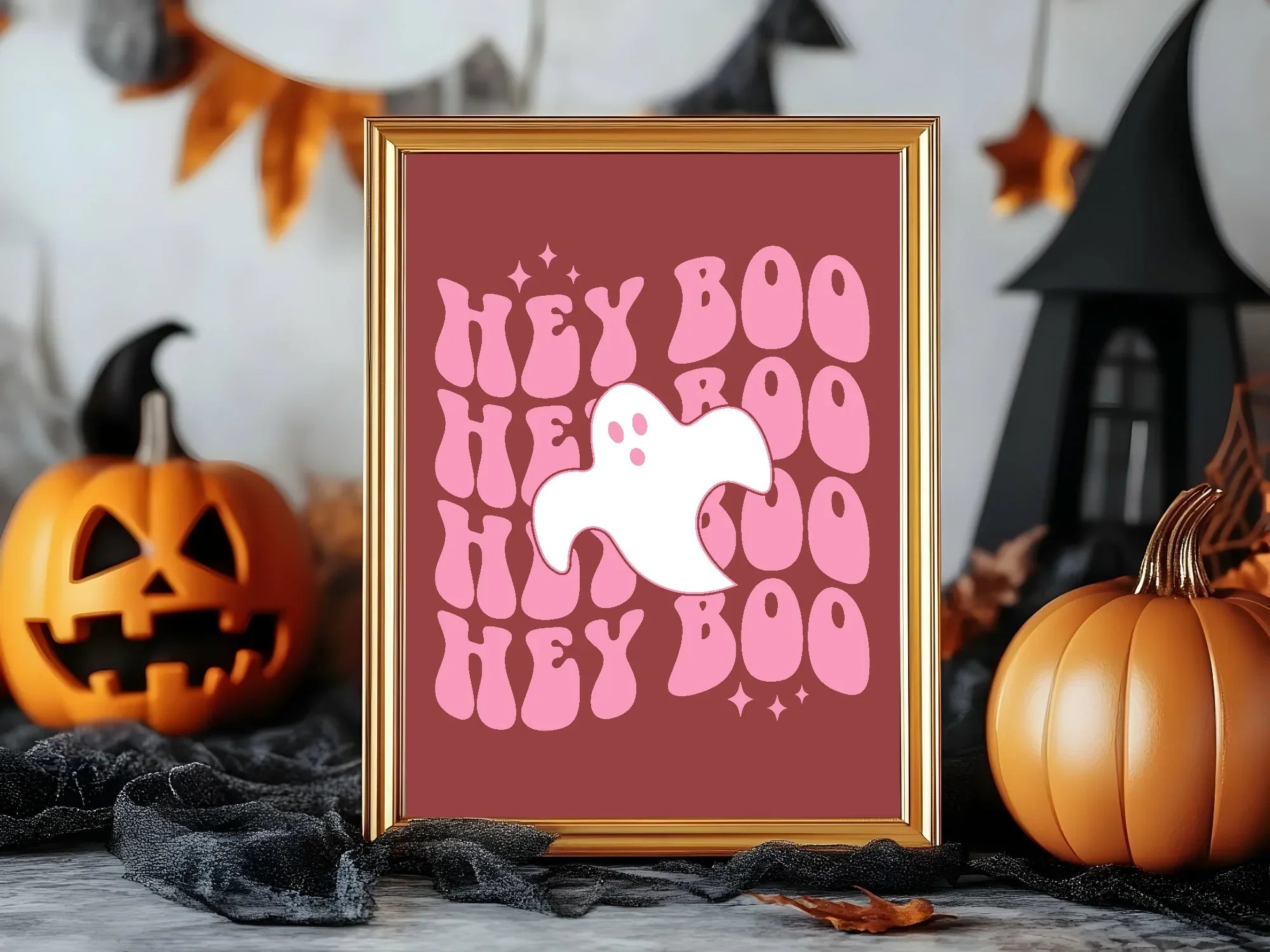 Hey Boo Print | Cute Halloween Wall Art | Pink - Larosier Prints