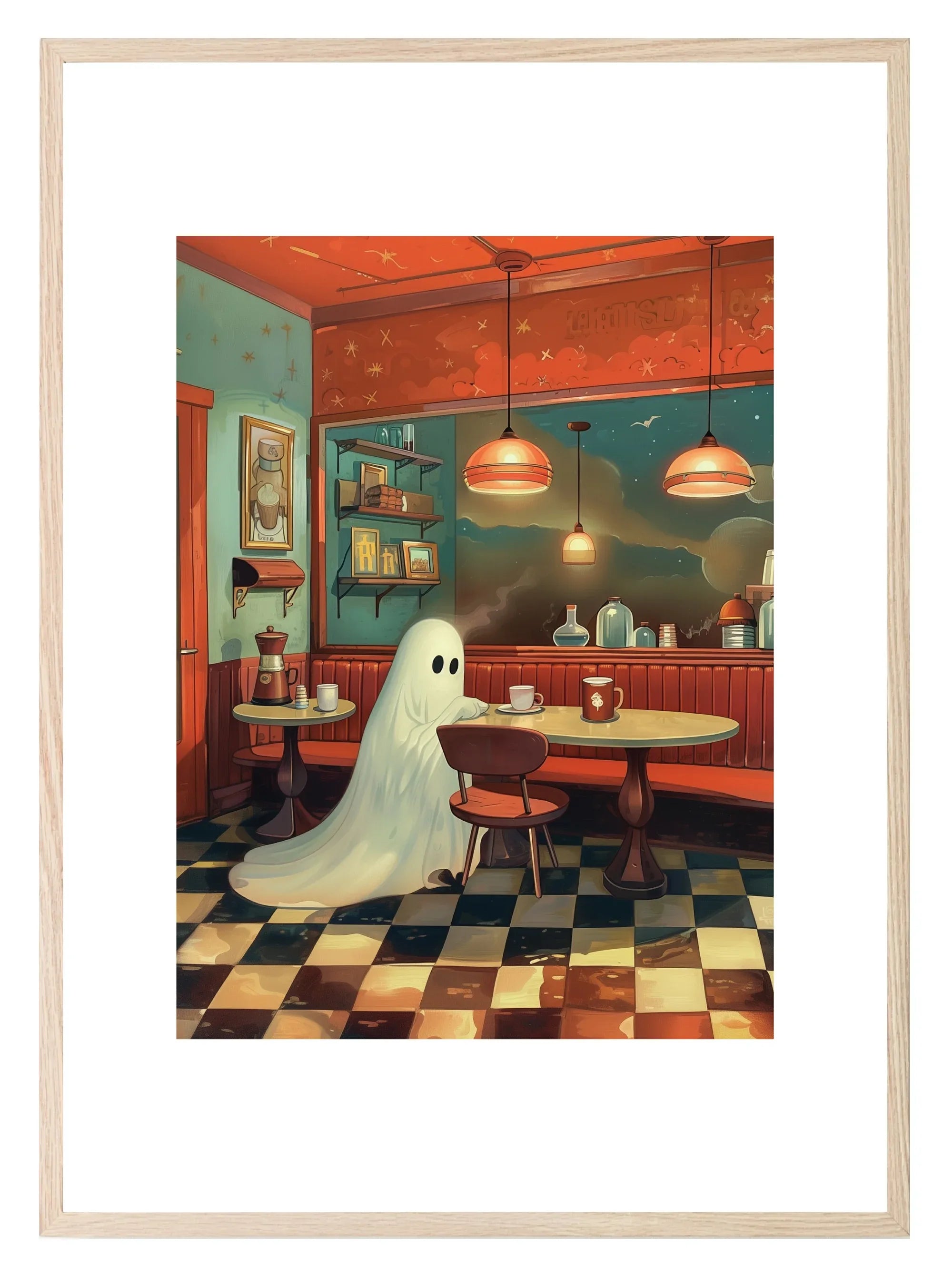Ghost Diner Print | Cute Halloween Wall Art | Spooky Retro Design - Larosier Prints