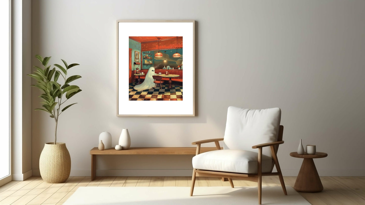 Ghost Diner Print | Cute Halloween Wall Art | Spooky Retro Design