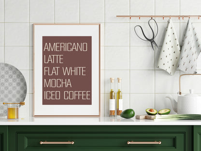 Americano Latte Flat White Mocha Iced Coffee Print | Kitchen Wall Art