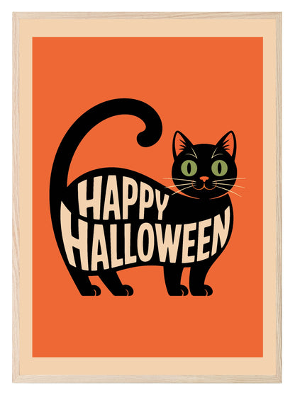 Happy Halloween Cat Print | Cute Halloween Wall Art | Orange