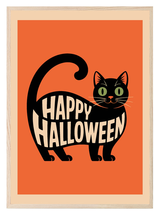 Happy Halloween Cat Print | Cute Halloween Wall Art | Orange