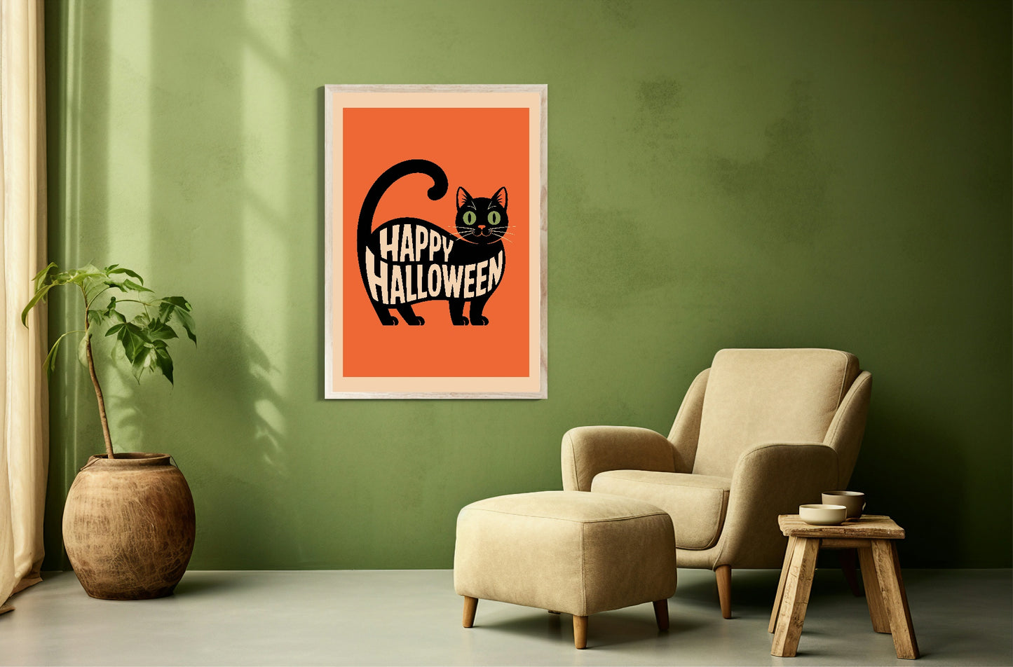 Happy Halloween Cat Print | Cute Halloween Wall Art | Orange