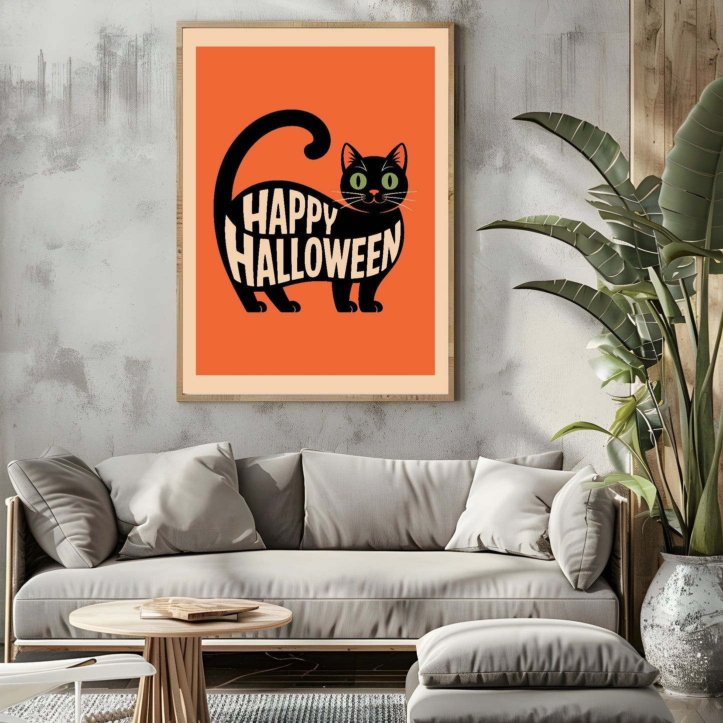 Happy Halloween Cat Print | Cute Halloween Wall Art | Orange