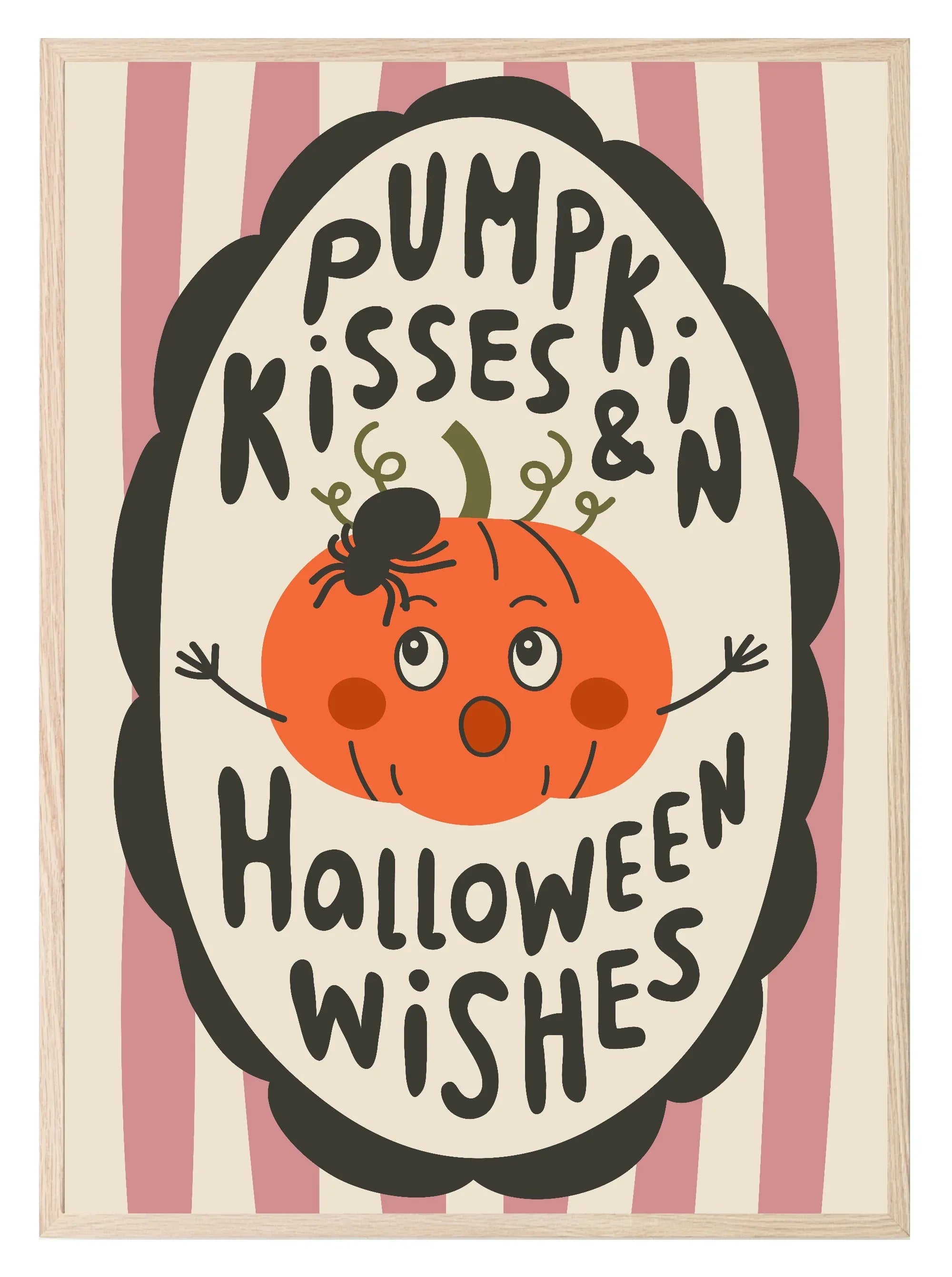 Pumpkin Kisses and Halloween Wishes Print | Pink & Beige Stripes - Larosier Prints