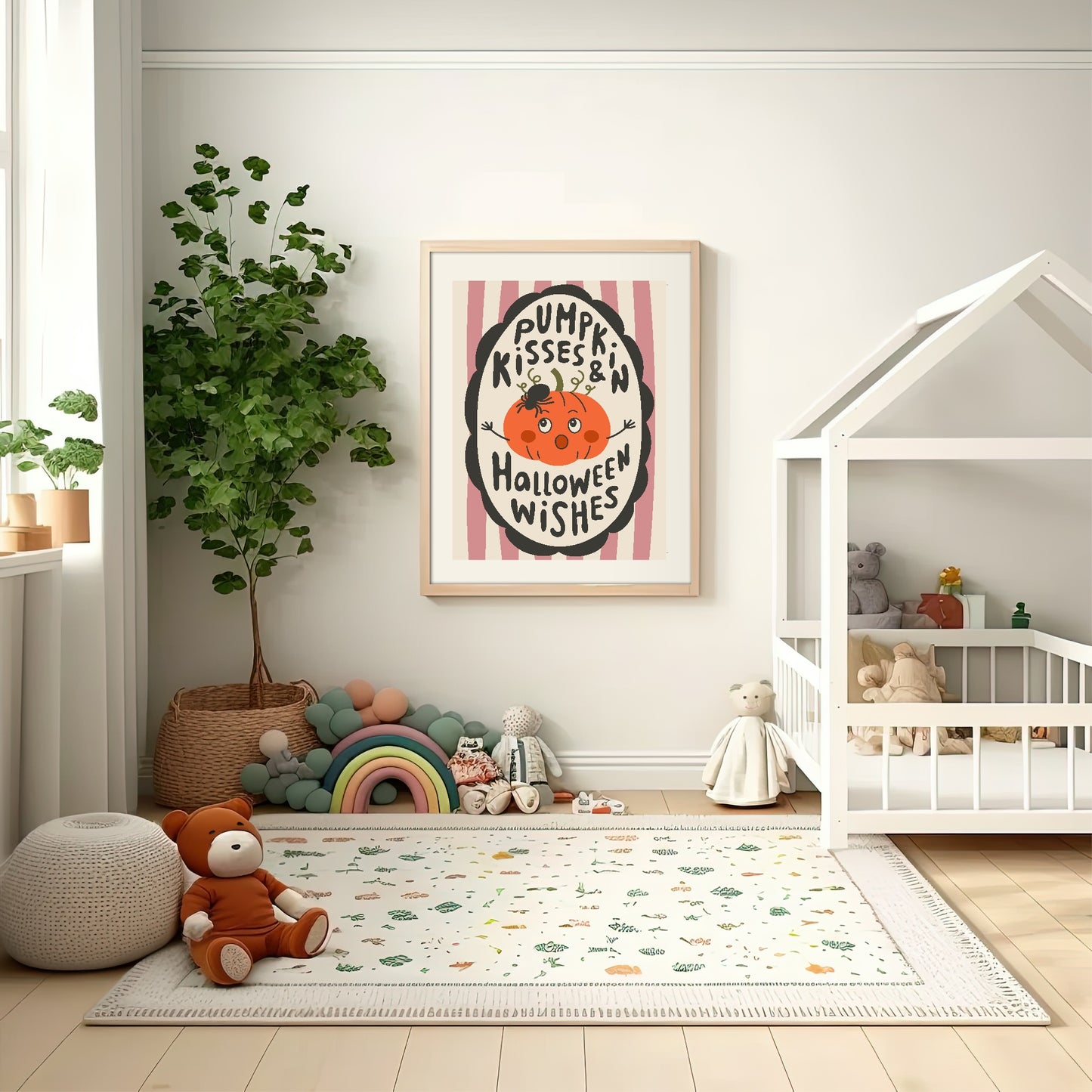 Pumpkin Kisses and Halloween Wishes Print | Pink & Beige Stripes