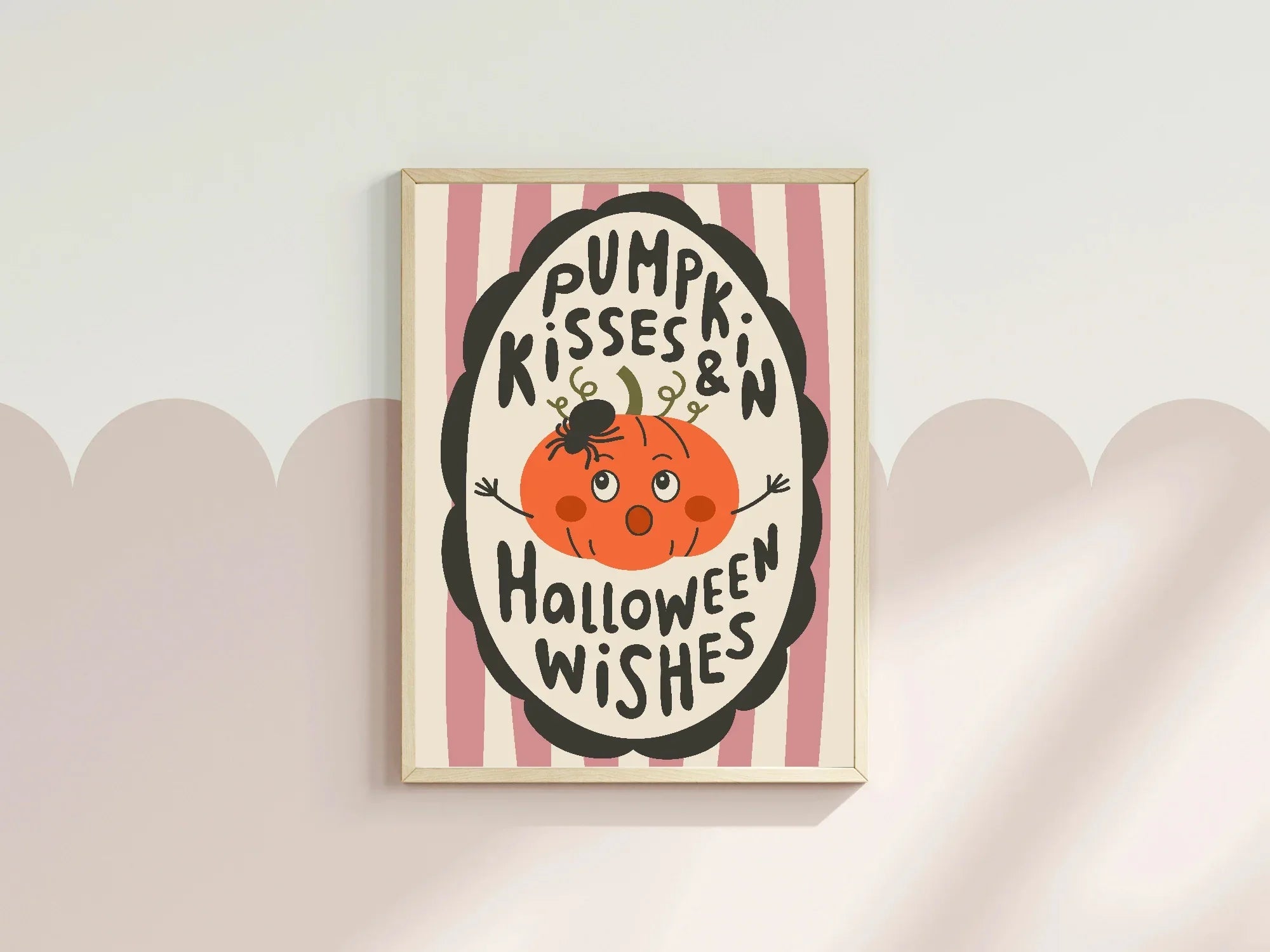 Pumpkin Kisses and Halloween Wishes Print | Pink & Beige Stripes - Larosier Prints