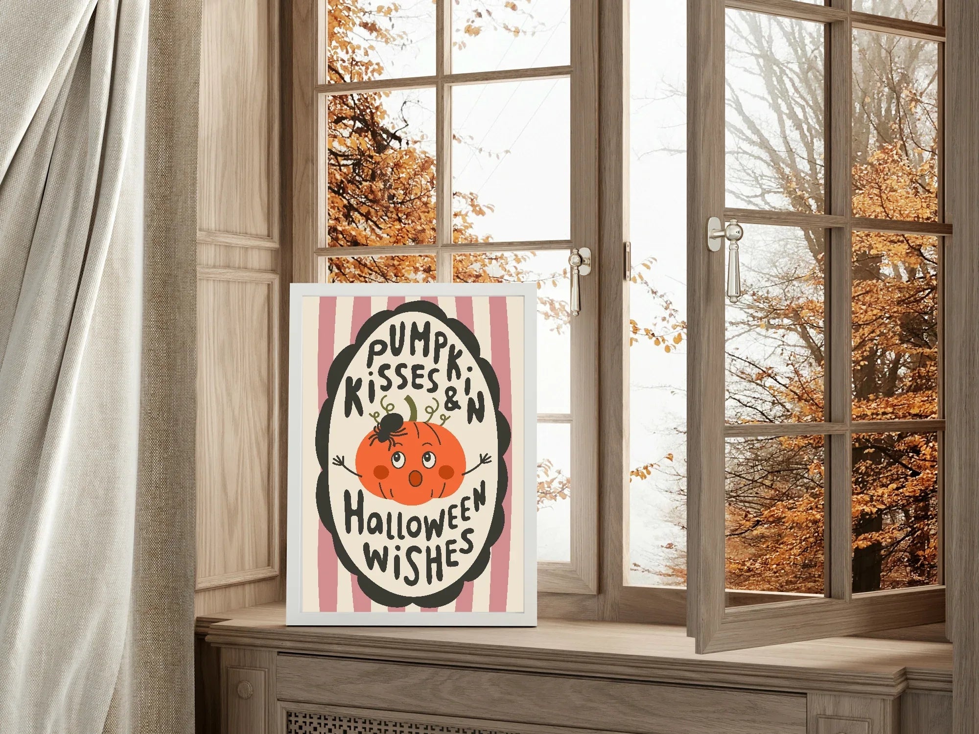 Pumpkin Kisses and Halloween Wishes Print | Pink & Beige Stripes - Larosier Prints