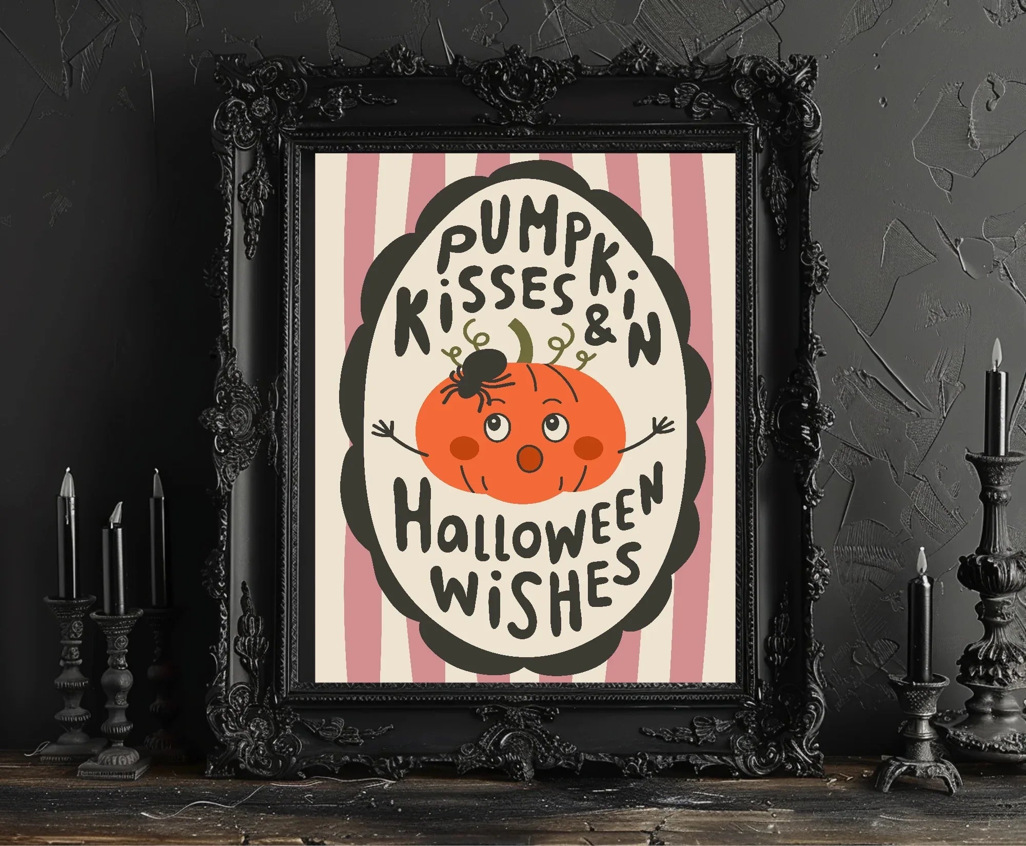 Pumpkin Kisses and Halloween Wishes Print | Pink & Beige Stripes - Larosier Prints