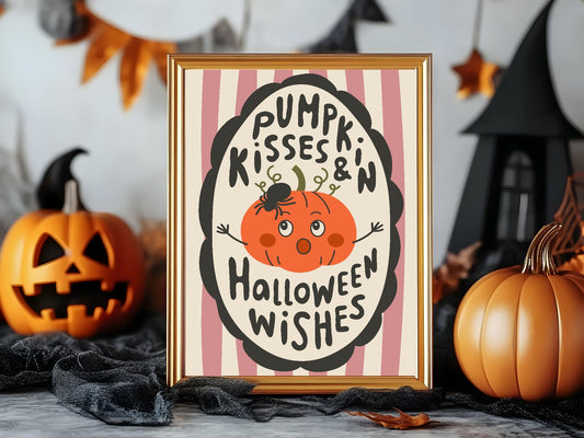 Pumpkin Kisses and Halloween Wishes Print | Pink & Beige Stripes