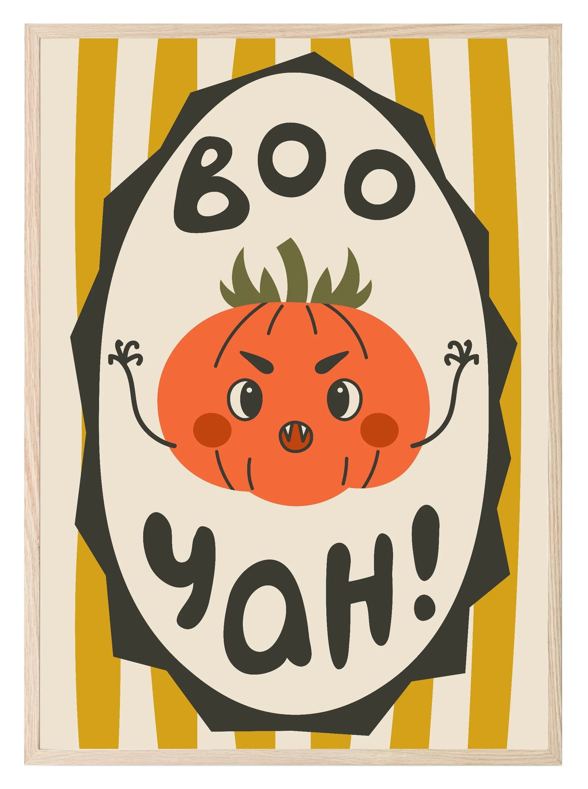 Boo Yah Pumpkin Print | Yellow Stripes | Cute Halloween Wall Art - Larosier Prints