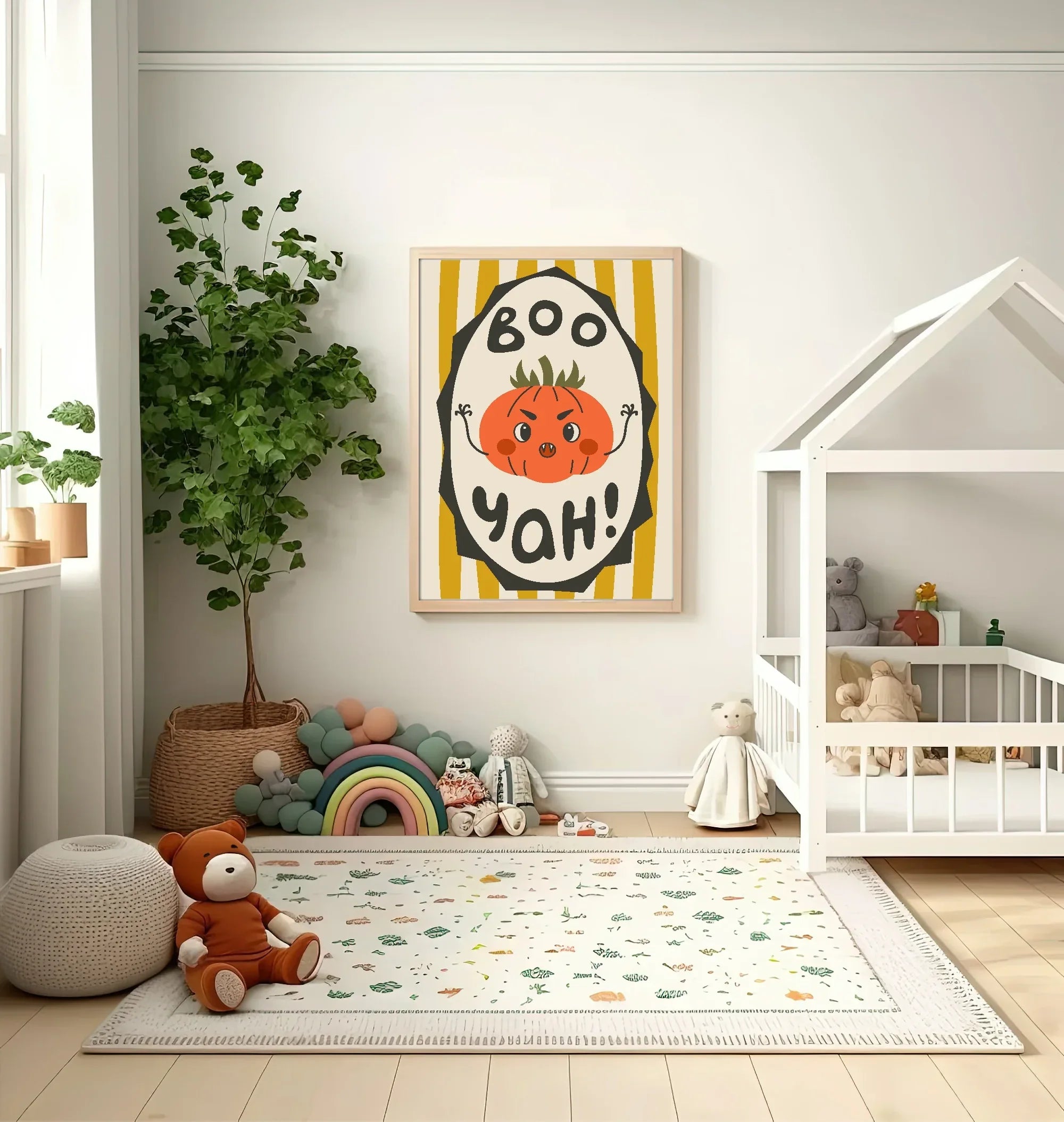 Boo Yah Pumpkin Print | Yellow Stripes | Cute Halloween Wall Art - Larosier Prints