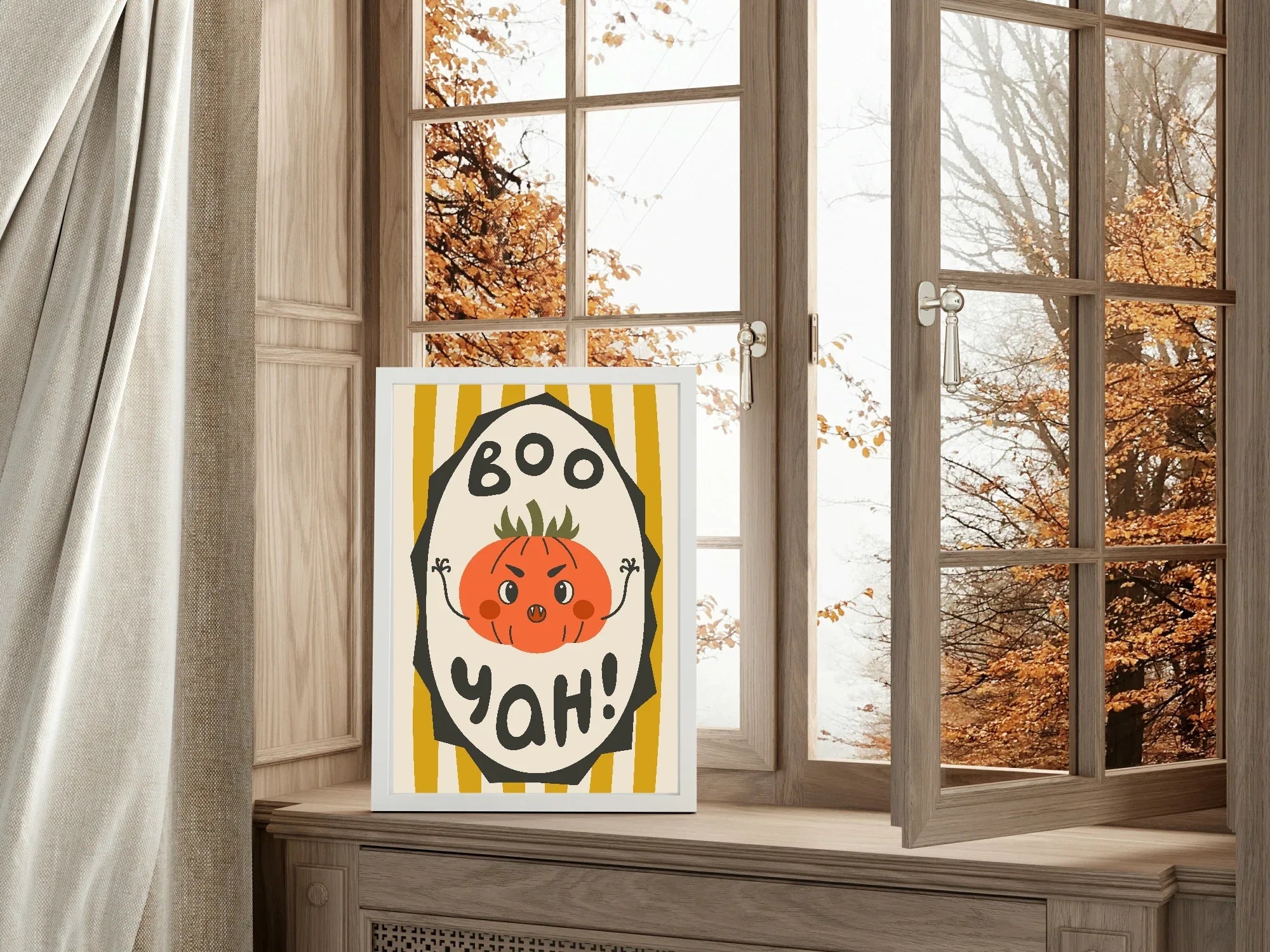 Boo Yah Pumpkin Print | Yellow Stripes | Cute Halloween Wall Art - Larosier Prints