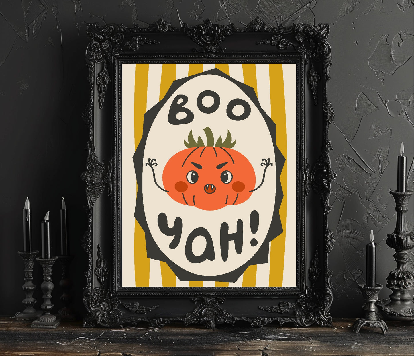 Boo Yah Pumpkin Print | Yellow Stripes | Cute Halloween Wall Art
