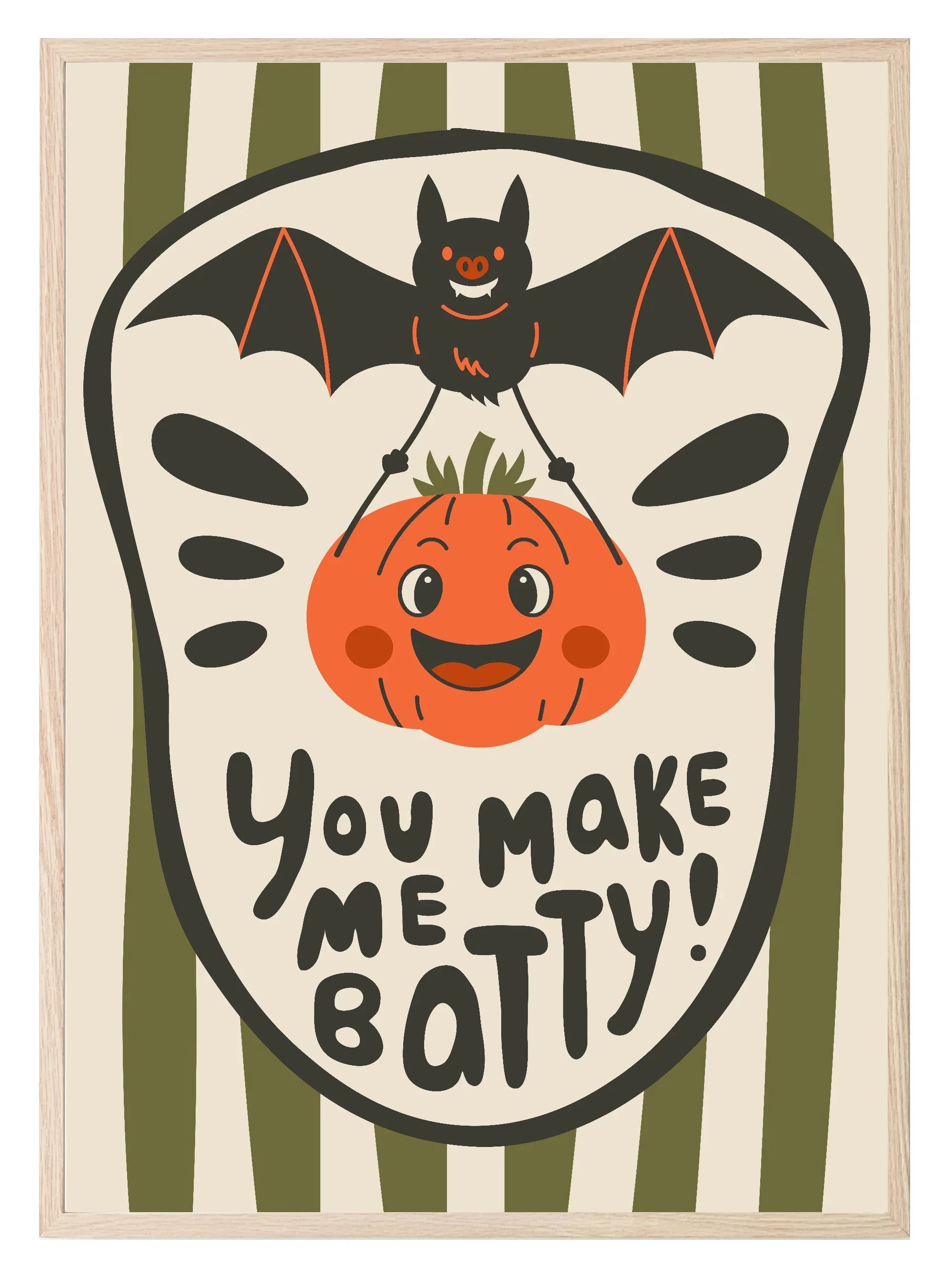 You Make Me Batty Pumpkin Print | Green Stripes | Cute Halloween Wall Art - Larosier Prints