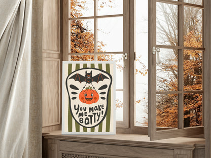 You Make Me Batty Pumpkin Print | Green Stripes | Cute Halloween Wall Art