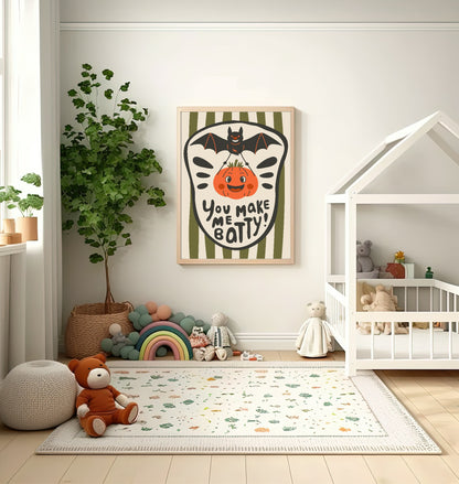 You Make Me Batty Pumpkin Print | Green Stripes | Cute Halloween Wall Art