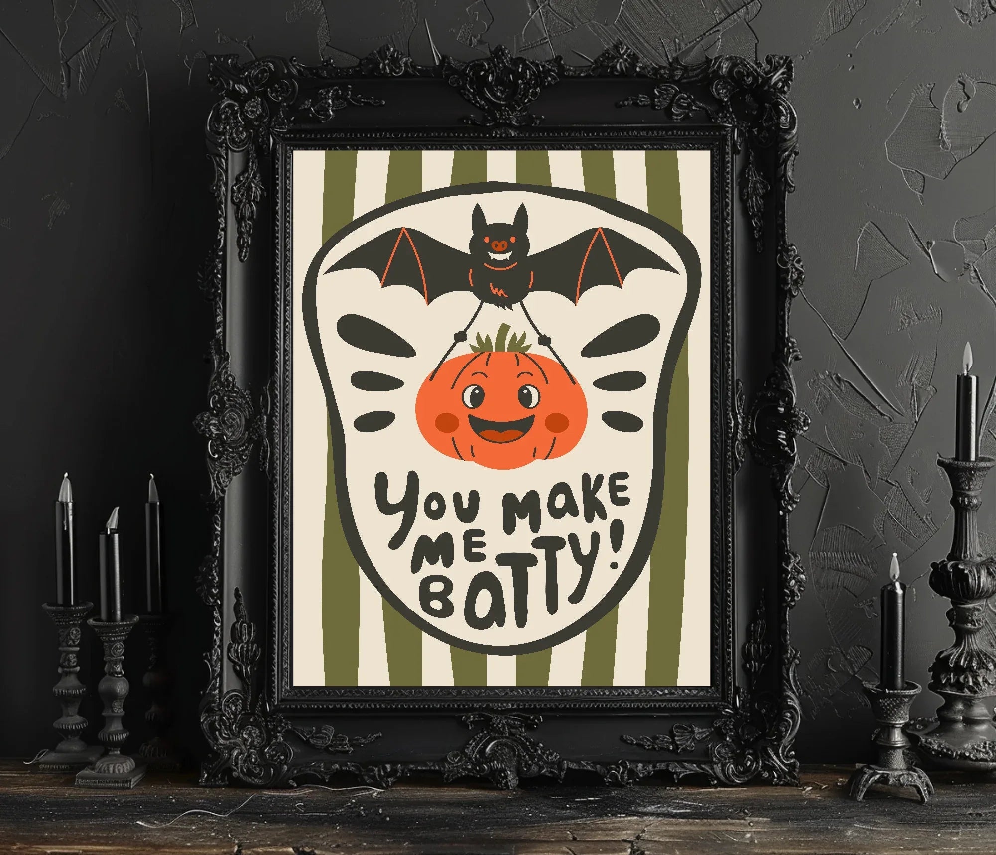 You Make Me Batty Pumpkin Print | Green Stripes | Cute Halloween Wall Art - Larosier Prints