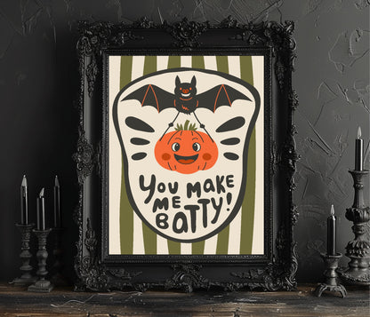 You Make Me Batty Pumpkin Print | Green Stripes | Cute Halloween Wall Art