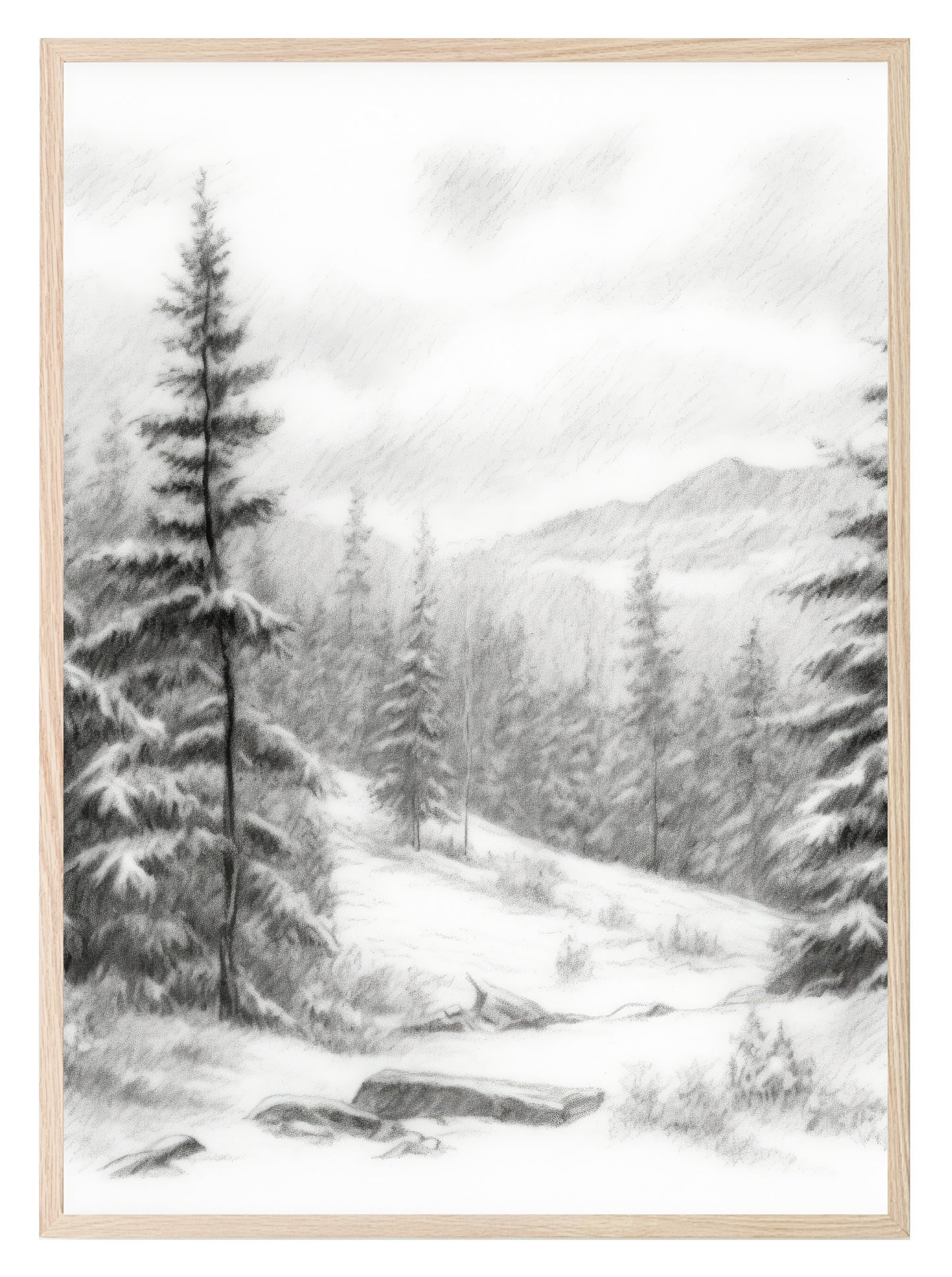 Winter Landscape Print | Snowy Trees & Mountain Wall Art