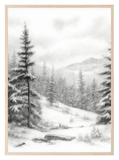 Winter Landscape Print | Snowy Trees & Mountain Wall Art