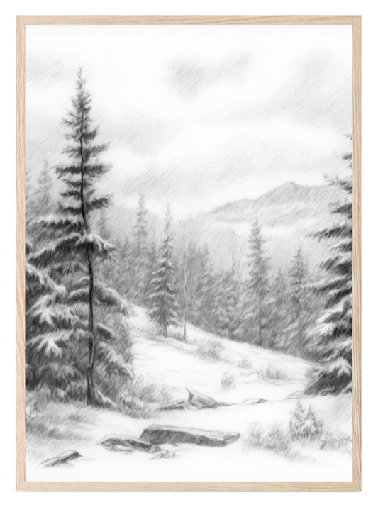Winter Landscape Print | Snowy Trees & Mountain Wall Art